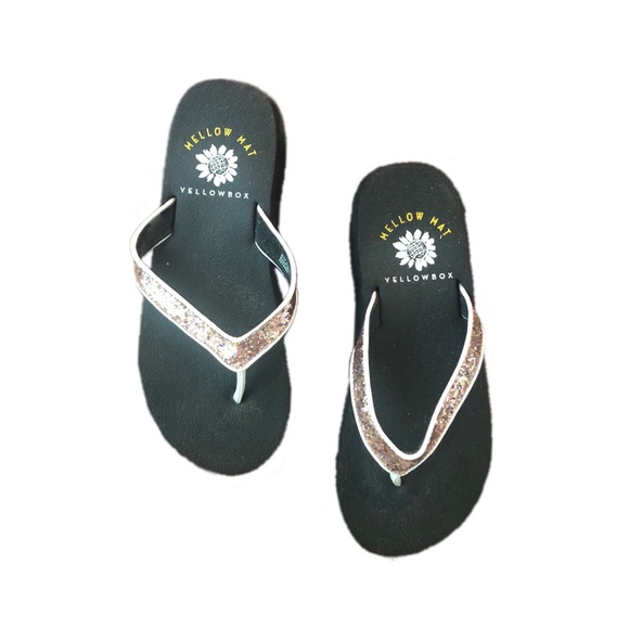 yellow box rose gold flip flops